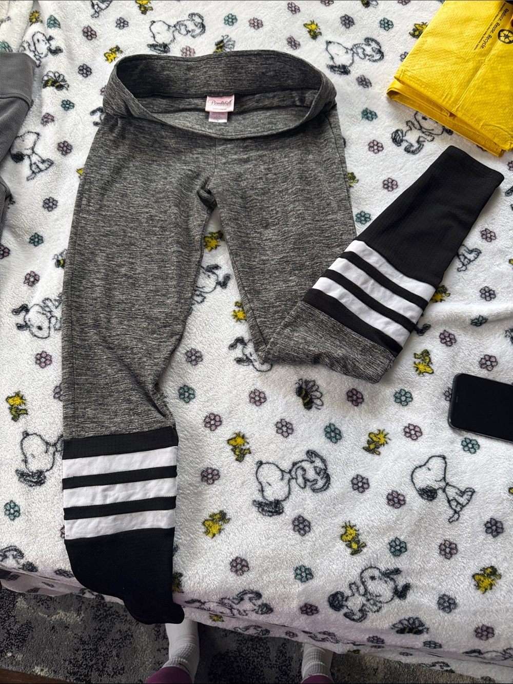 Bombshell Sportswear Gray Heather Leggings with Black & White Stripe Accents